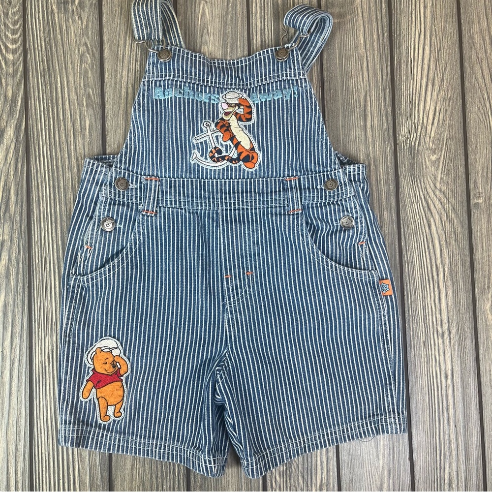 Vintage Disney Pooh Bear Embroidered Striped Blue Denim Kids Overalls 3T